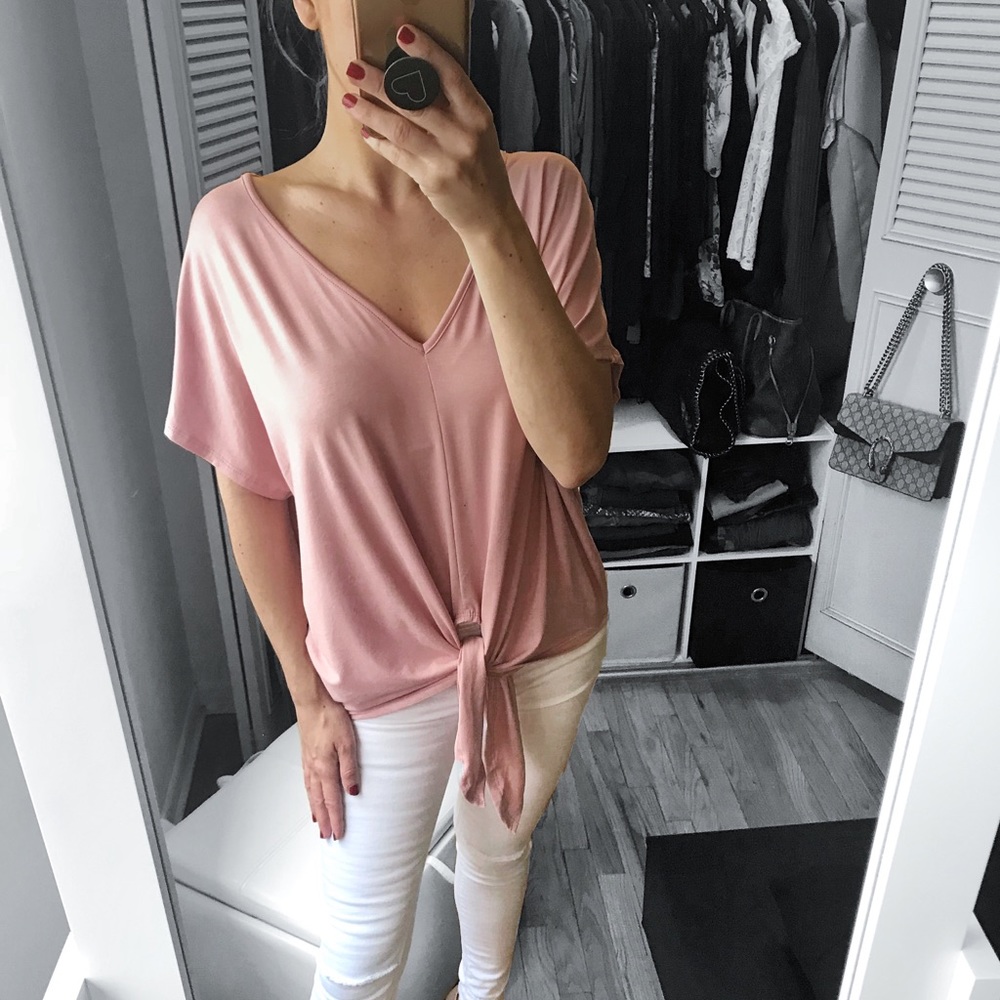 LAST 2✨Dusty Pink Solid Loose Fit Front Tie Top - Picture 4 of 8
